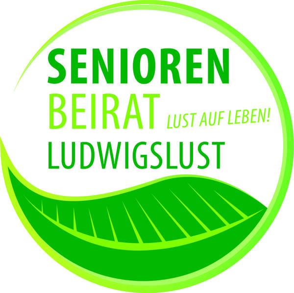 Bild vergrößern: Zu sehen ist das Logo des Seniorenbeirats. Das kreisförmige Logo mit einem grünen Blatt am unteren Rand enthält den grünen Schriftzug "Seniorenbeirat Ludwigslust - Lust auf Leben!".