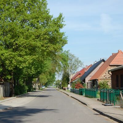 Bild vergrößern: Auf diesem Bild blickt man entlang der Weselsdorfer Dorfstraße. Links ragen Bäume in die Höhe und rechts sind die Häuser, beginnend mit dem Gasthof "Zum Rosengarten" zu sehen.